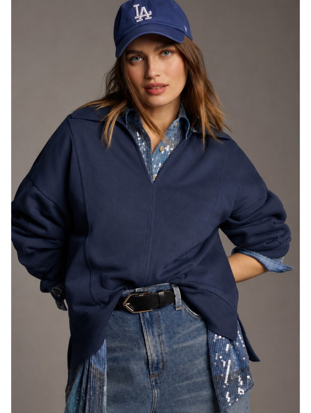 Pilcro Johnny Collar Pullover Navy Oversized Sweatshirt Anthropologie Size Large - Picture 2 of 12